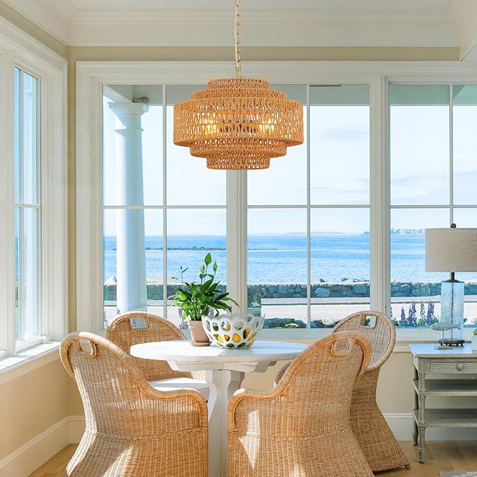 19.68 Inch Bohemian 5-Tier Gold Rattan Drum Chandelier