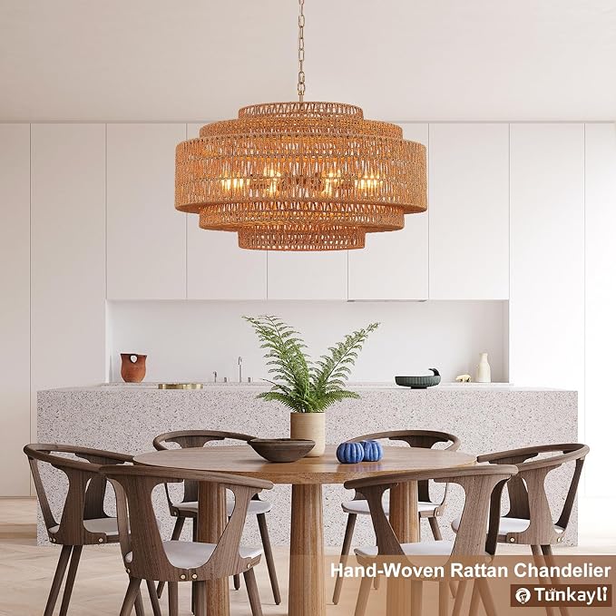 31.5 Inch Bohemian 5-Tier Gold Rattan Drum Chandelier
