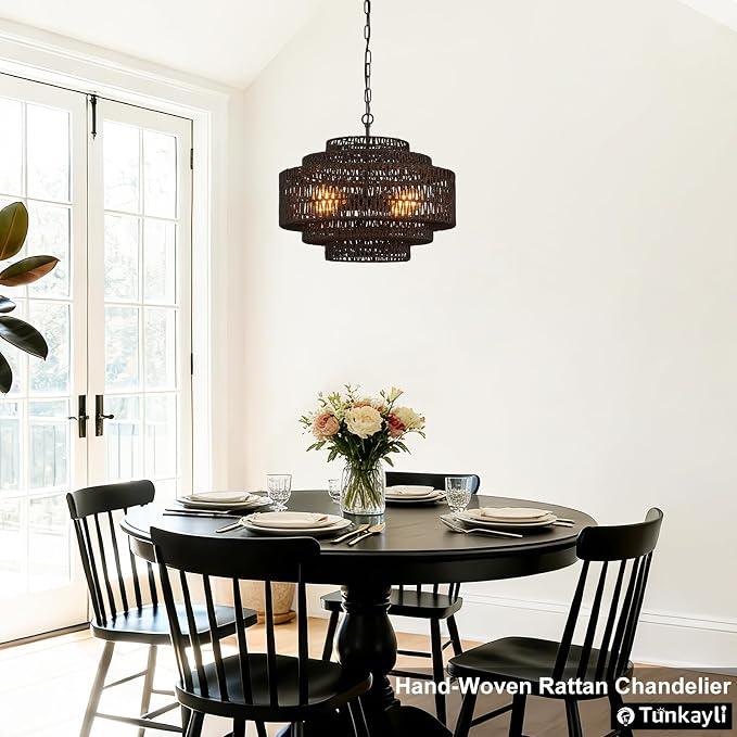 Tunkayli 19.68 Inch Bohemian 5-Tier Black Rattan Drum Chandelier