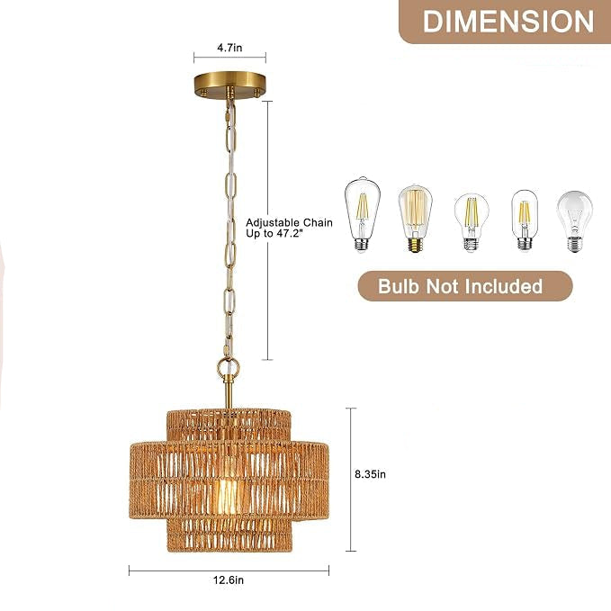12.6 Inch Bohemian 3-Tier Gold Rattan Pendant Light