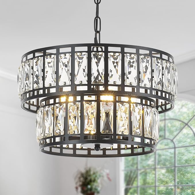 15.7 Inch Modern Black Crystal 4-Light Drum Chandelier