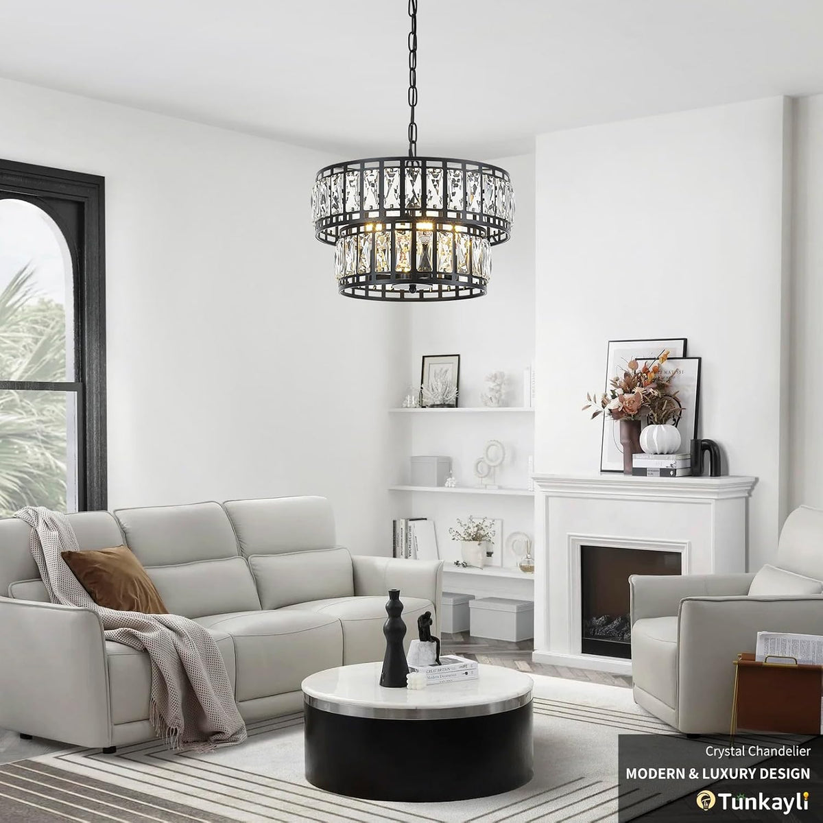 15.7 Inch Modern Black Crystal 4-Light Drum Chandelier