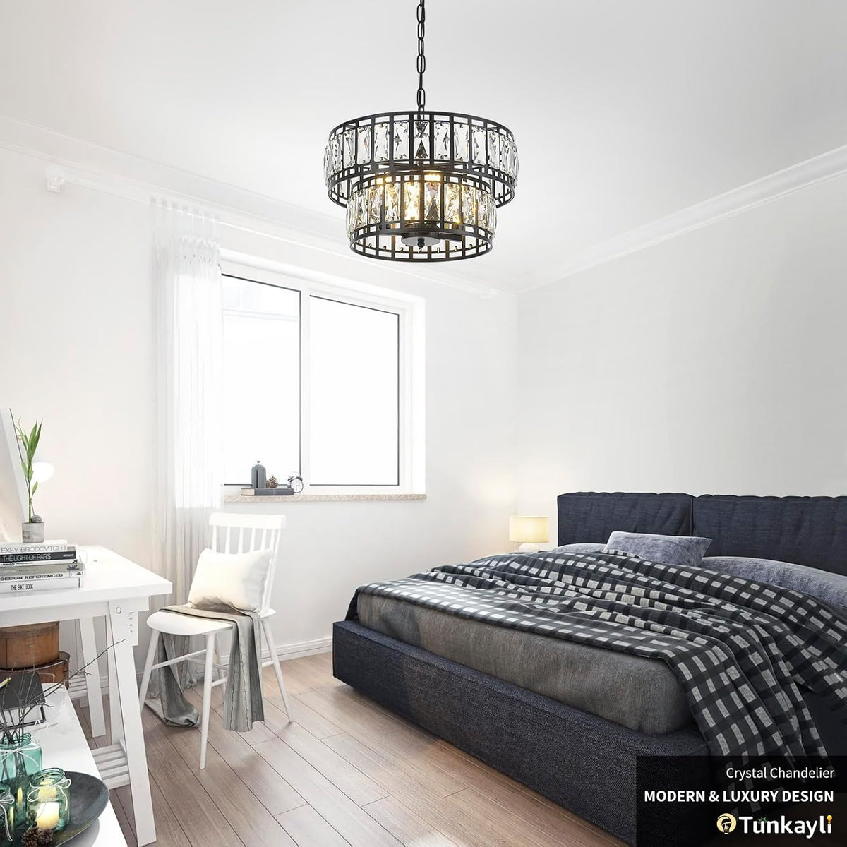 15.7 Inch Modern Black Crystal 4-Light Drum Chandelier