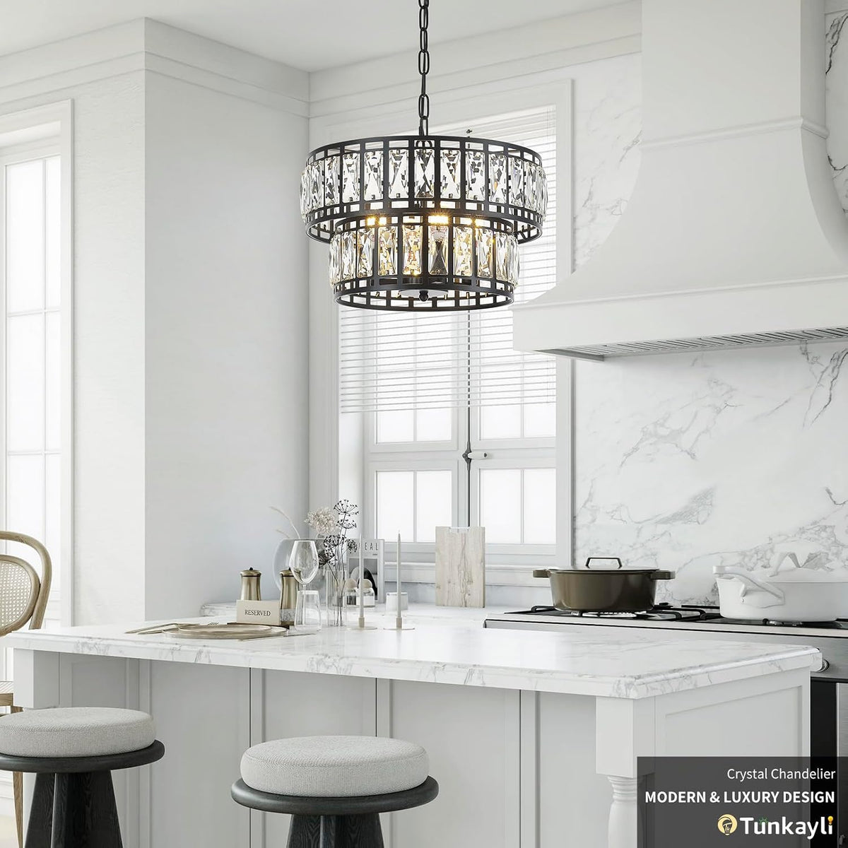 15.7 Inch Modern Black Crystal 4-Light Drum Chandelier