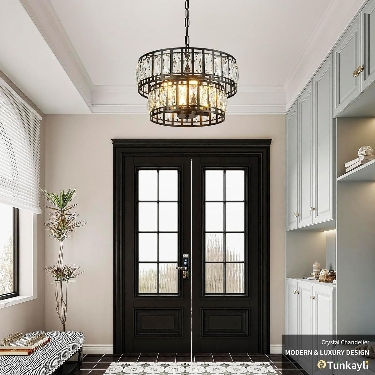 15.7 Inch Modern Black Crystal 4-Light Drum Chandelier