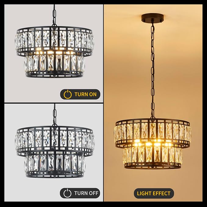 15.7 Inch Modern Black Crystal 4-Light Drum Chandelier