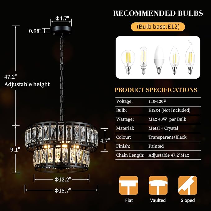 15.7 Inch Modern Black Crystal 4-Light Drum Chandelier