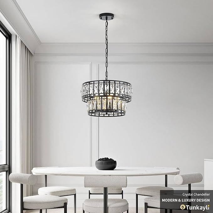 15.7 Inch Modern Black Crystal 4-Light Drum Chandelier