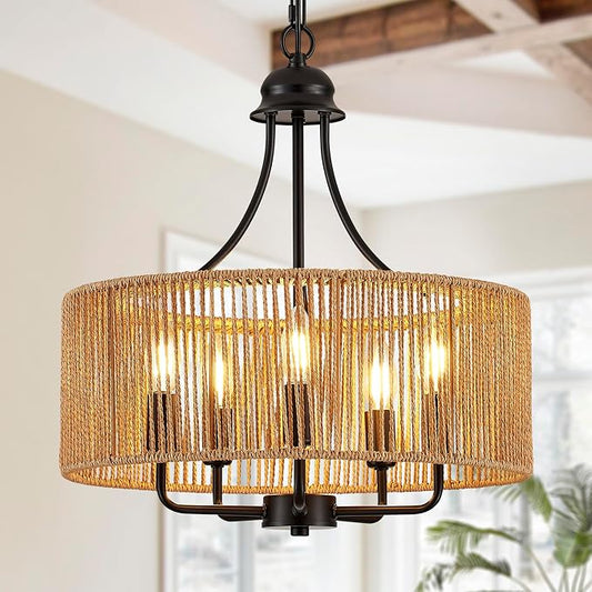 17.8 Inch Coastal Black Rattan 5-Light Drum Chandelier