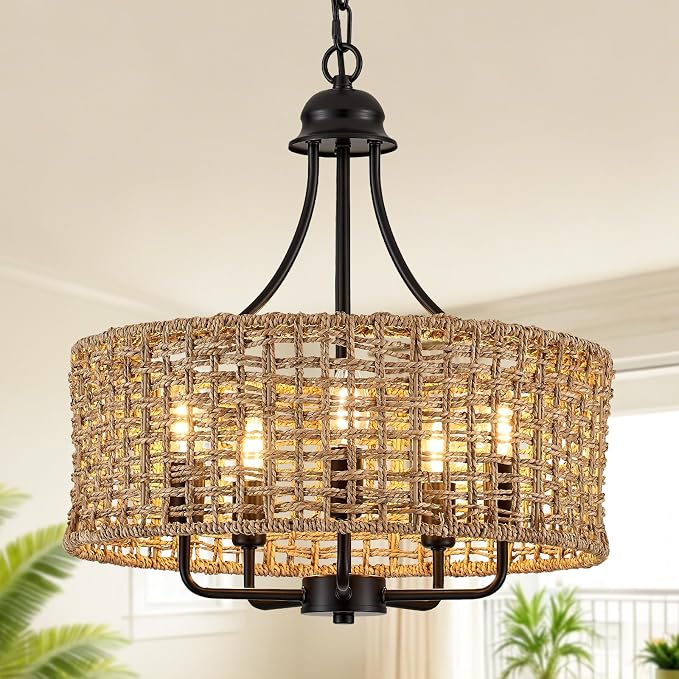 17.8 Inch Coastal Black Rattan 5-Light Drum Chandelier