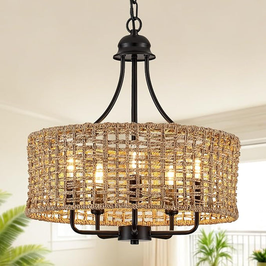 17.8 Inch Coastal Black Rattan 5-Light Drum Chandelier