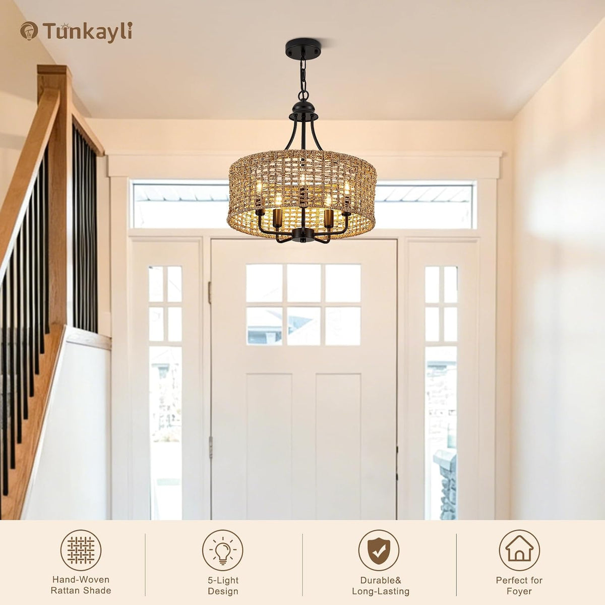 17.8 Inch Coastal Black Rattan 5-Light Drum Chandelier