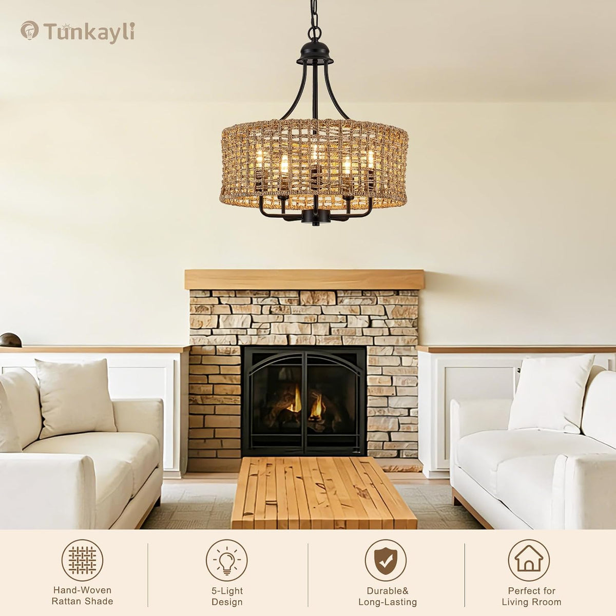 17.8 Inch Coastal Black Rattan 5-Light Drum Chandelier