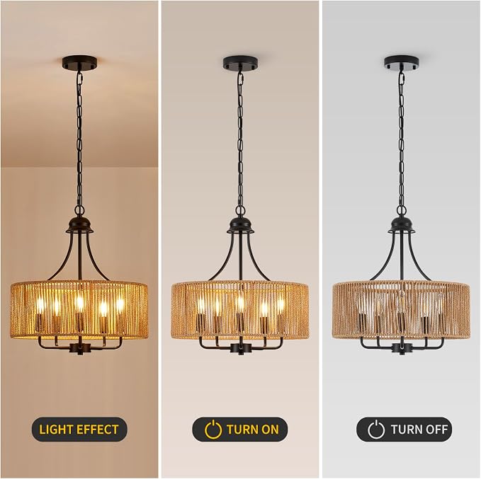 17.8 Inch Coastal Black Rattan 5-Light Drum Chandelier
