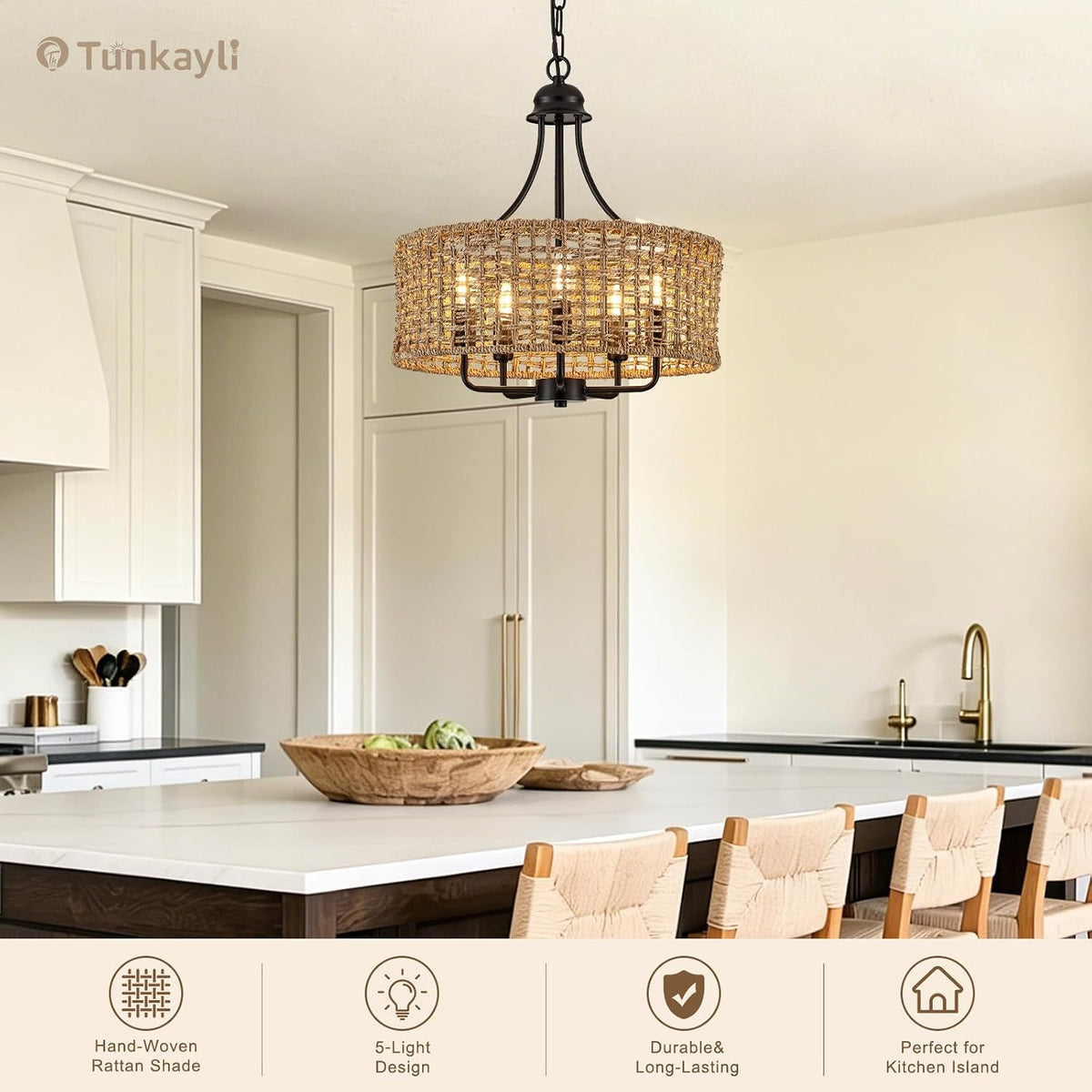 17.8 Inch Coastal Black Rattan 5-Light Drum Chandelier