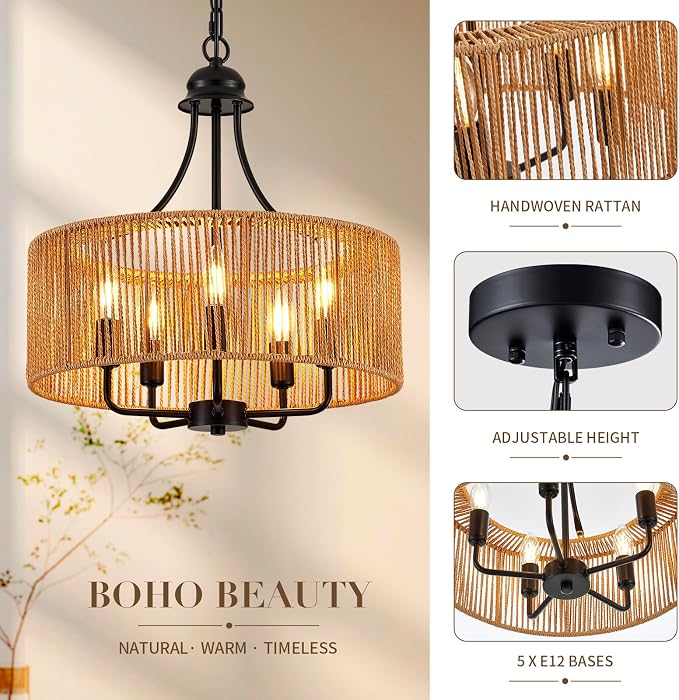 17.8 Inch Coastal Black Rattan 5-Light Drum Chandelier