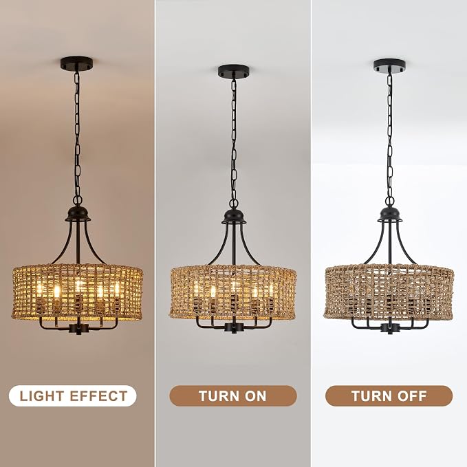 17.8 Inch Coastal Black Rattan 5-Light Drum Chandelier