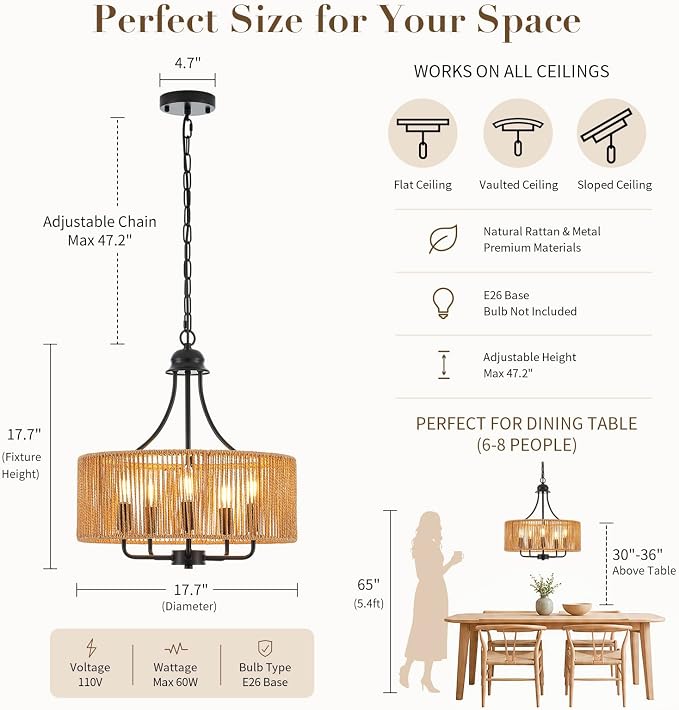 17.8 Inch Coastal Black Rattan 5-Light Drum Chandelier