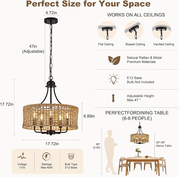 17.8 Inch Coastal Black Rattan 5-Light Drum Chandelier