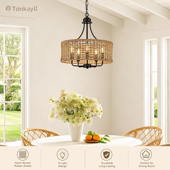 17.8 Inch Coastal Black Rattan 5-Light Drum Chandelier
