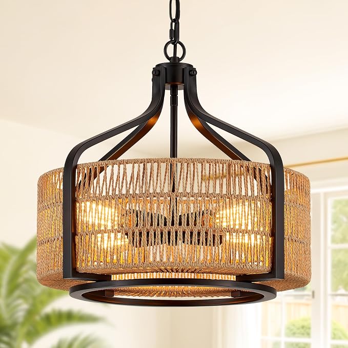 17.8 Inch Coastal Black Rattan 4-Light Drum Chandelier