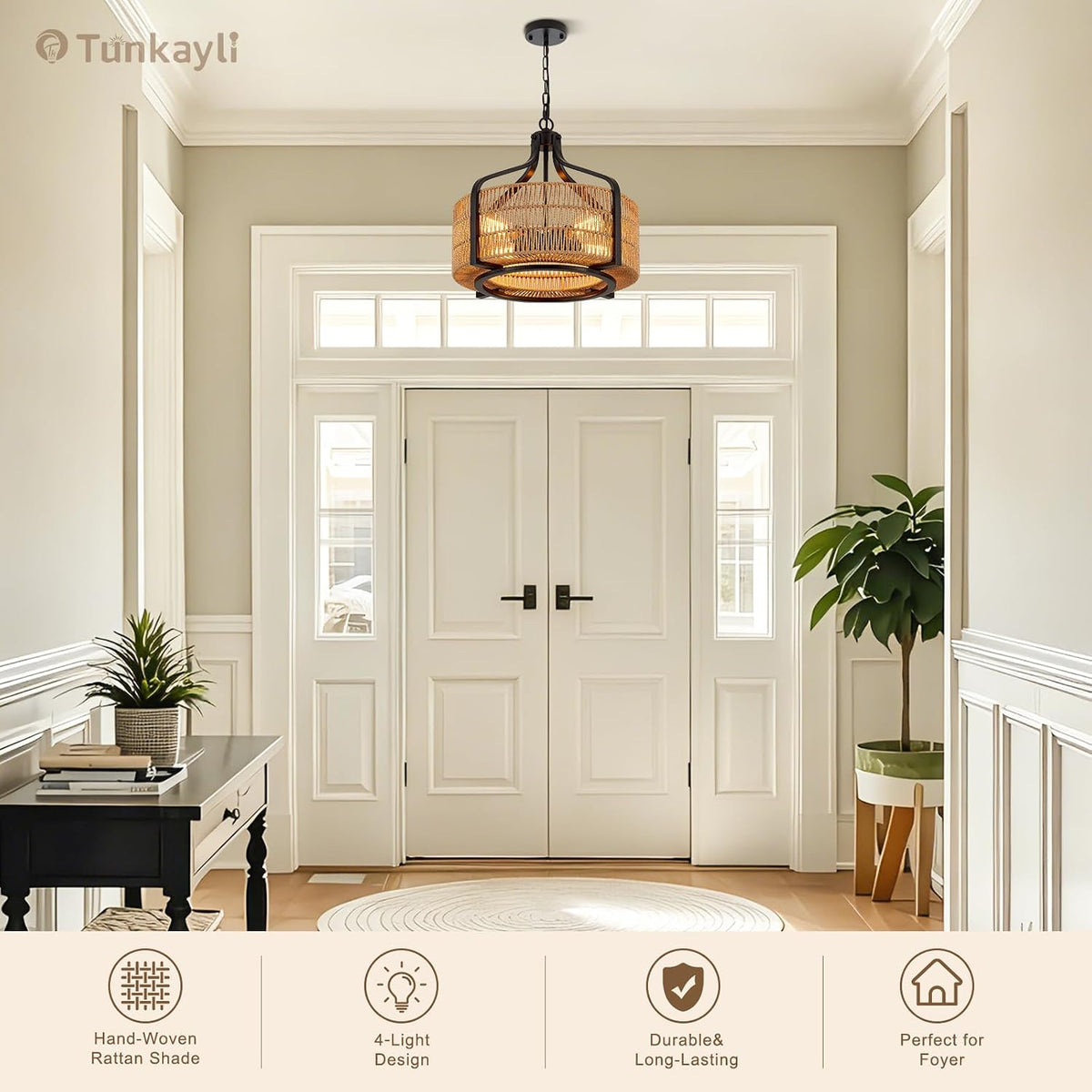17.8 Inch Coastal Black Rattan 4-Light Drum Chandelier