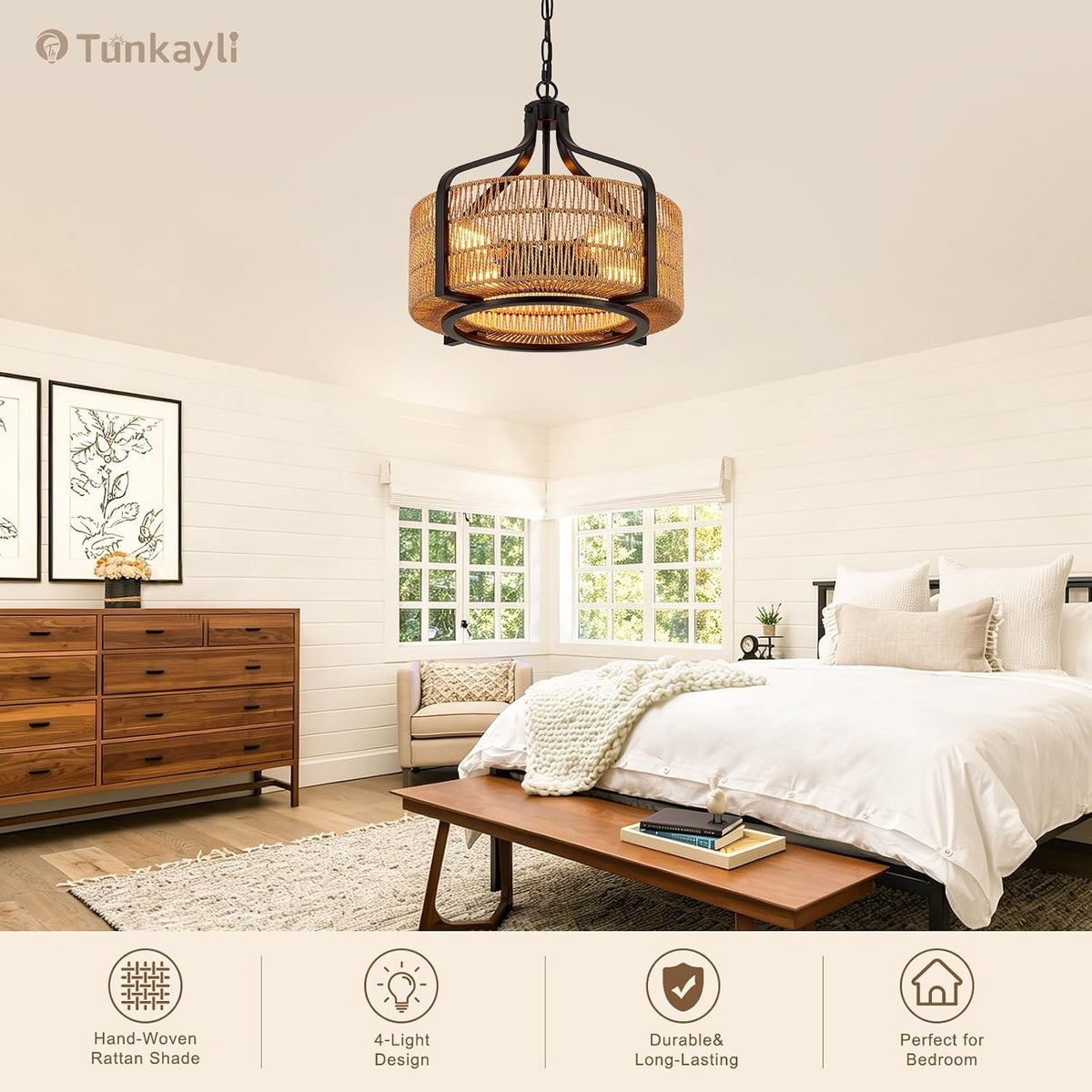 17.8 Inch Coastal Black Rattan 4-Light Drum Chandelier