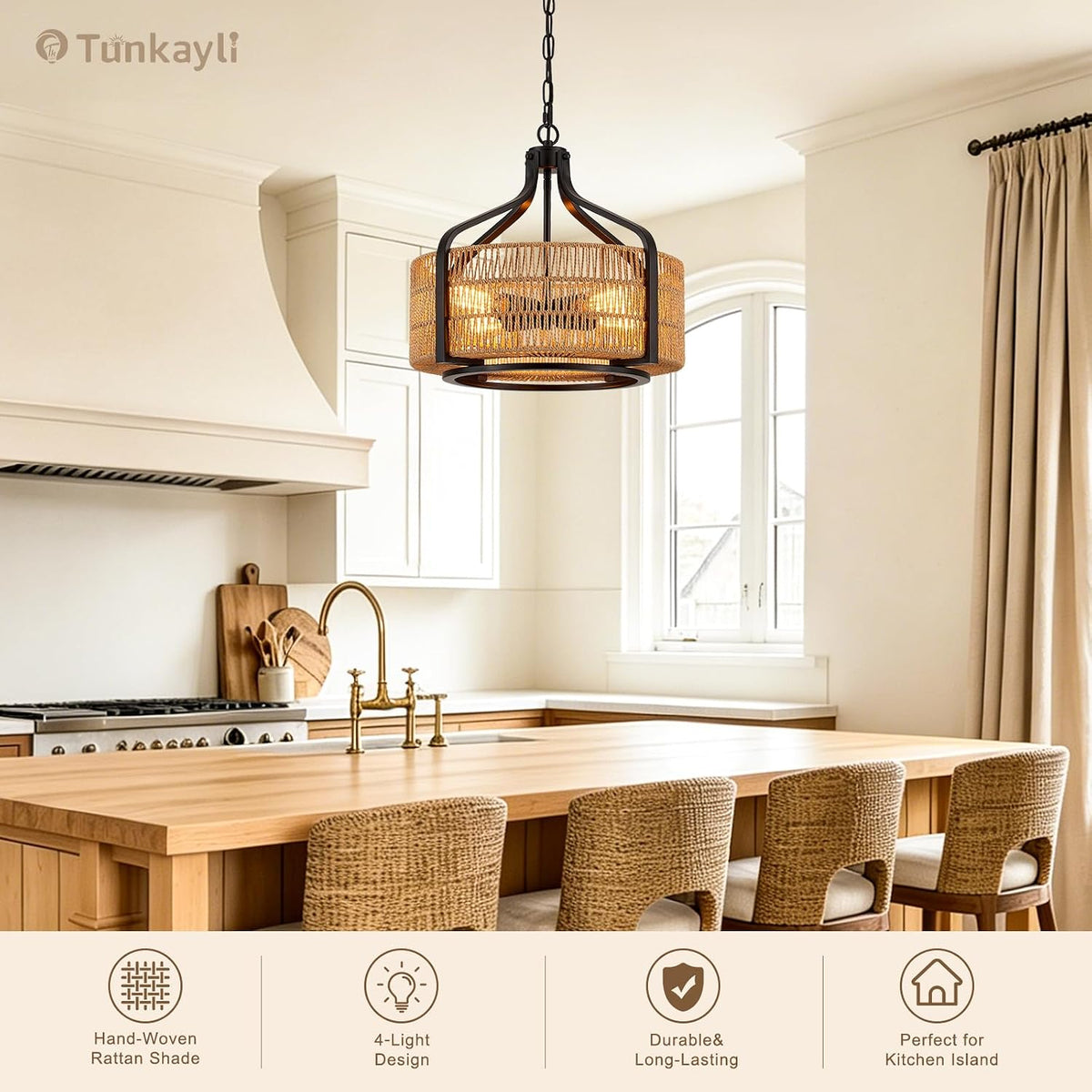 17.8 Inch Coastal Black Rattan 4-Light Drum Chandelier