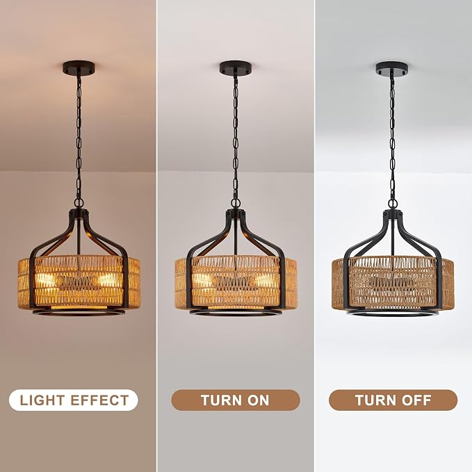 17.8 Inch Coastal Black Rattan 4-Light Drum Chandelier