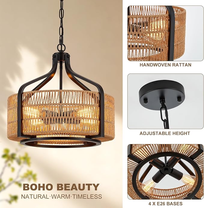 17.8 Inch Coastal Black Rattan 4-Light Drum Chandelier