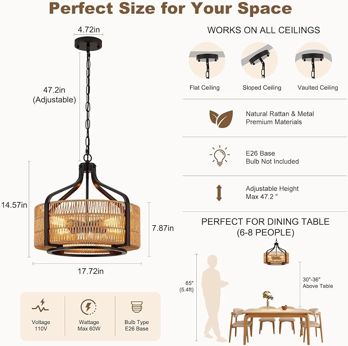 17.8 Inch Coastal Black Rattan 4-Light Drum Chandelier