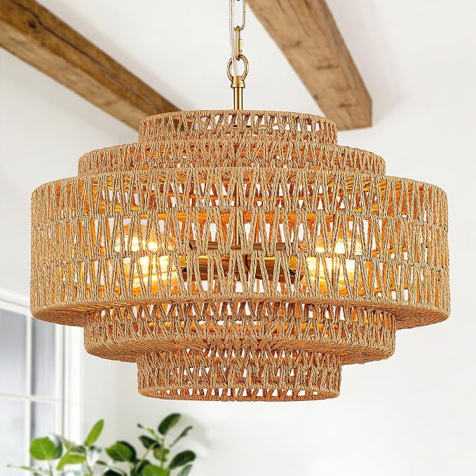 19.68 Inch Bohemian 5-Tier Gold Rattan Drum Chandelier