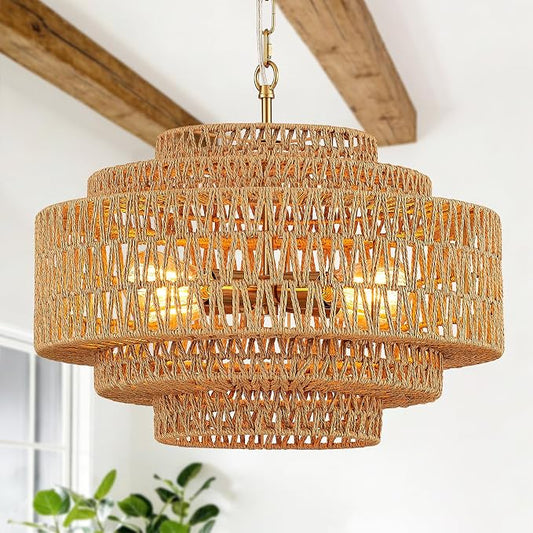 19.68 Inch Bohemian 5-Tier Gold Rattan Drum Chandelier