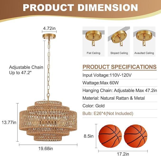 19.68 Inch Bohemian 5-Tier Gold Rattan Drum Chandelier