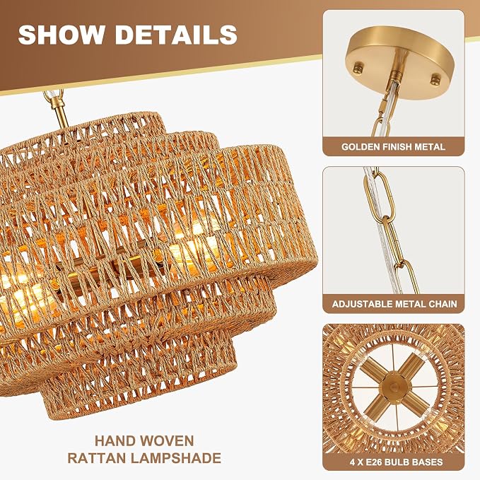 19.68 Inch Bohemian 5-Tier Gold Rattan Drum Chandelier