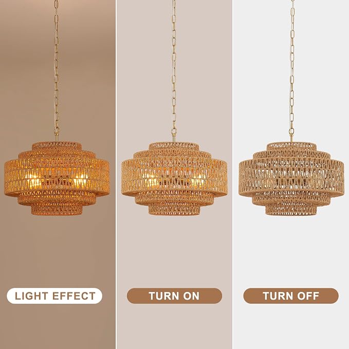 19.68 Inch Bohemian 5-Tier Gold Rattan Drum Chandelier