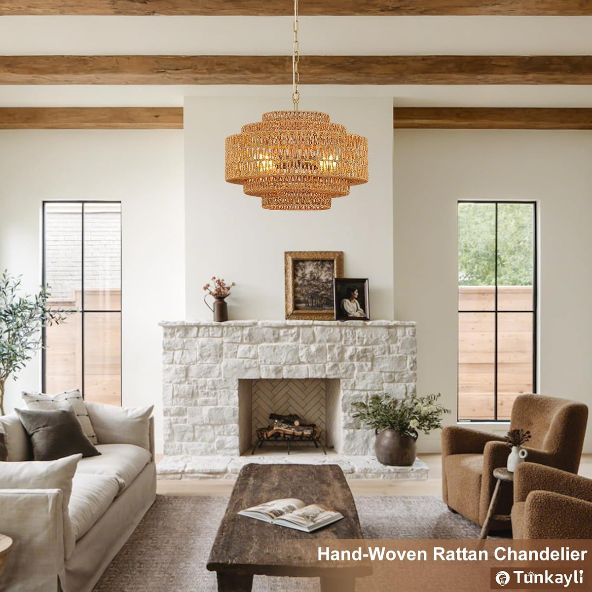 19.68 Inch Bohemian 5-Tier Gold Rattan Drum Chandelier