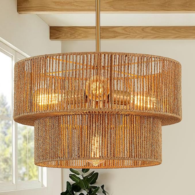 19.7 Inch Coastal 4-Tier Gold Rattan Drum Chandelier