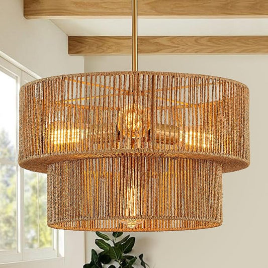 19.7 Inch Coastal 4-Tier Gold Rattan Drum Chandelier