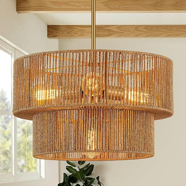 19.7 Inch Coastal 4-Tier Gold Rattan Drum Chandelier