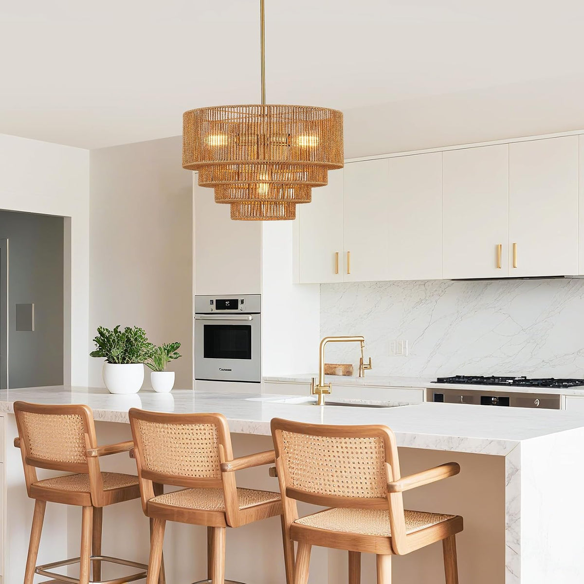 19.7 Inch Coastal 4-Tier Gold Rattan Drum Chandelier
