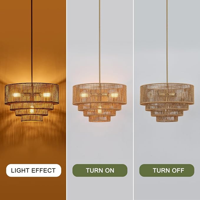 19.7 Inch Coastal 4-Tier Gold Rattan Drum Chandelier