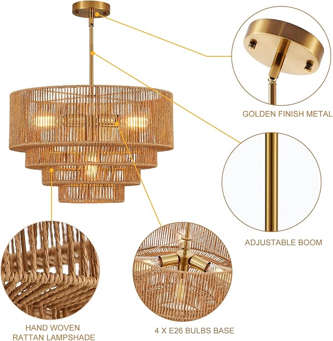 19.7 Inch Coastal 4-Tier Gold Rattan Drum Chandelier