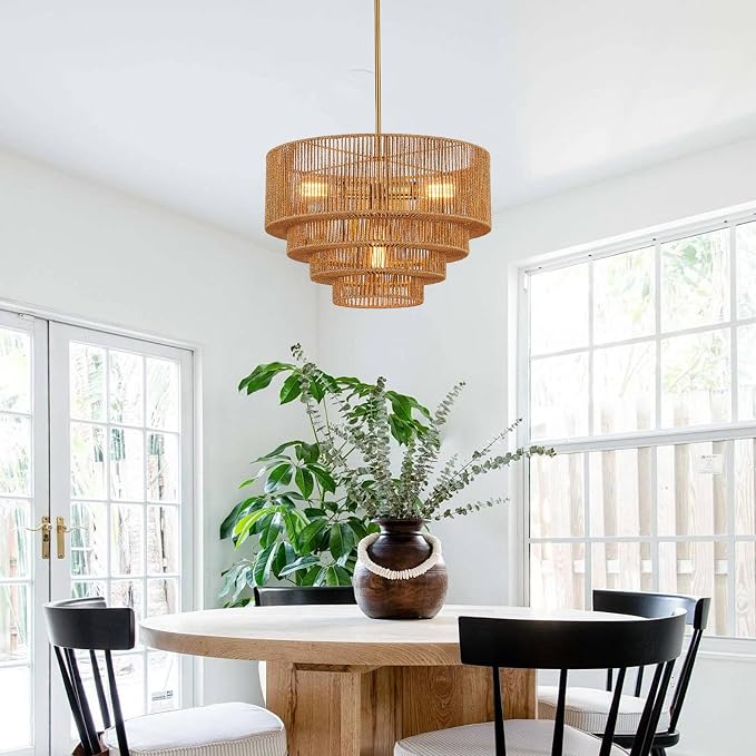 19.7 Inch Coastal 4-Tier Gold Rattan Drum Chandelier