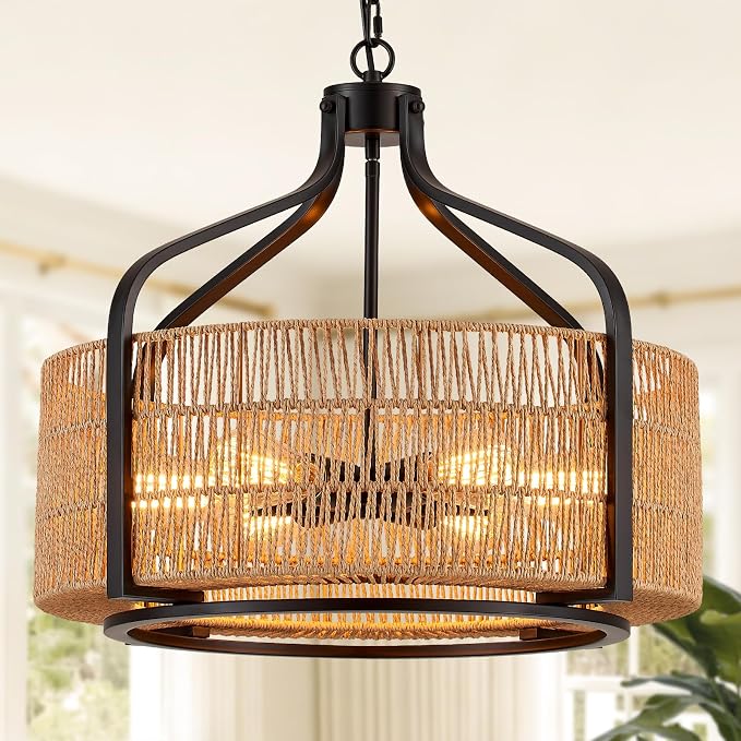 21.8 Inch Coastal Black Rattan 6-Light Drum Chandelier