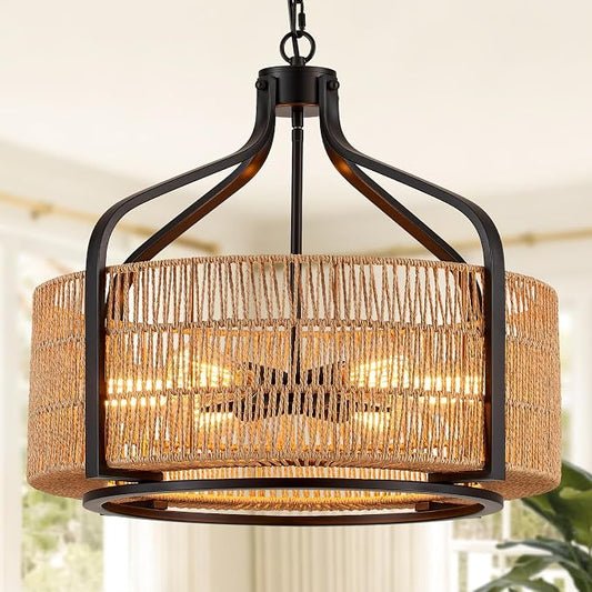 21.8 Inch Coastal Black Rattan 6-Light Drum Chandelier