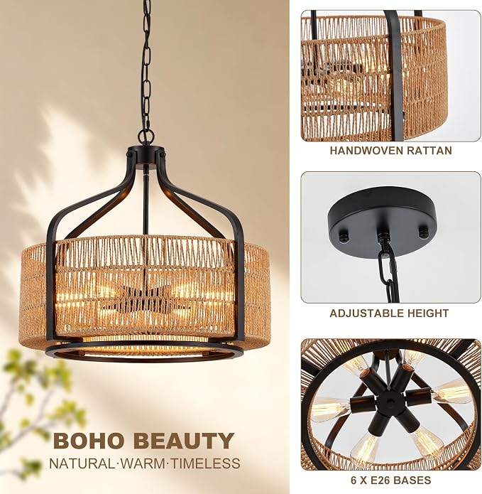 21.8 Inch Coastal Black Rattan 6-Light Drum Chandelier