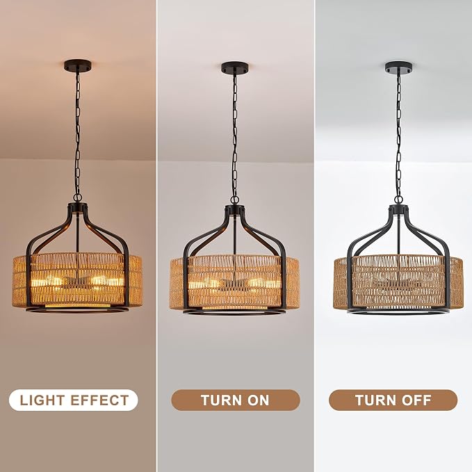 21.8 Inch Coastal Black Rattan 6-Light Drum Chandelier