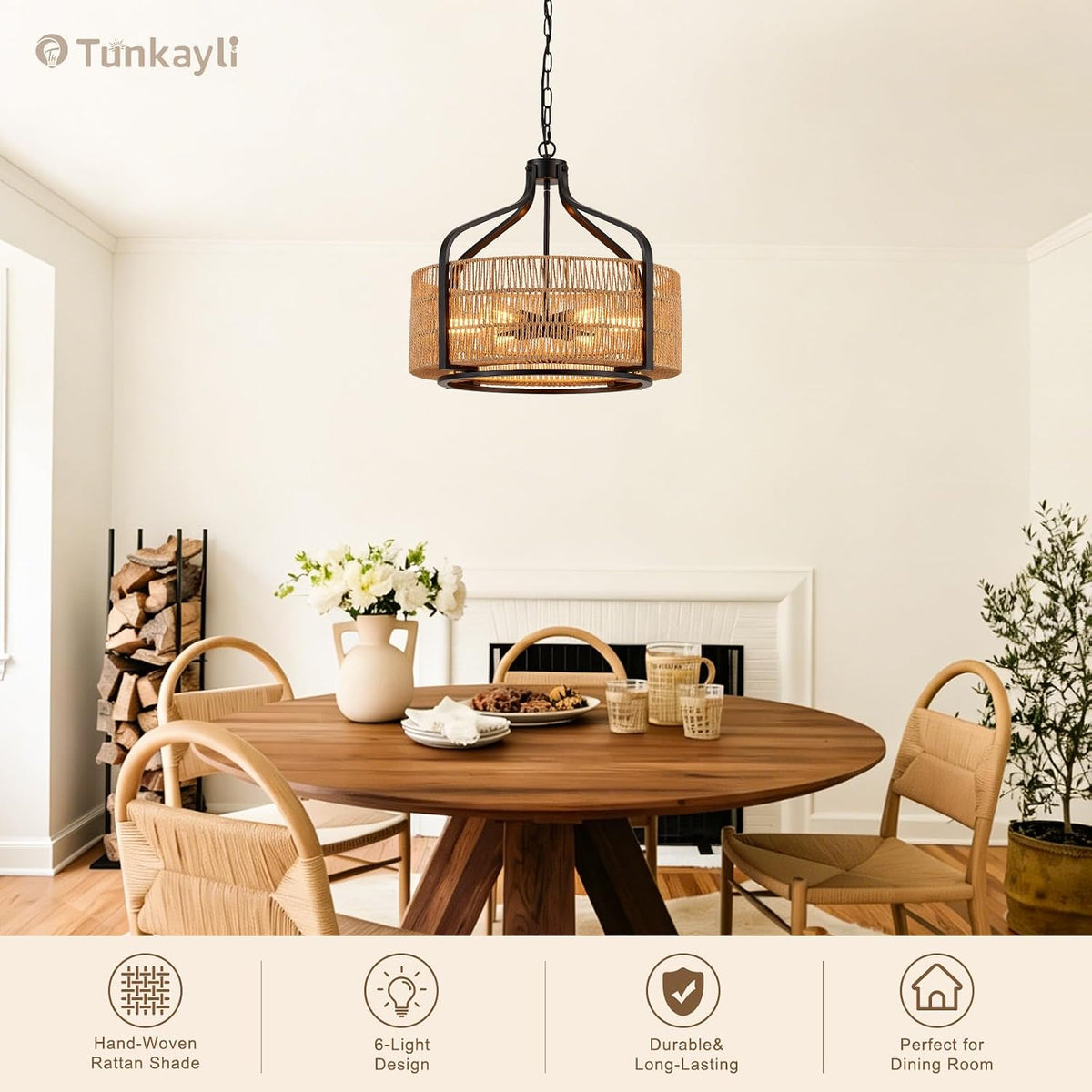 21.8 Inch Coastal Black Rattan 6-Light Drum Chandelier