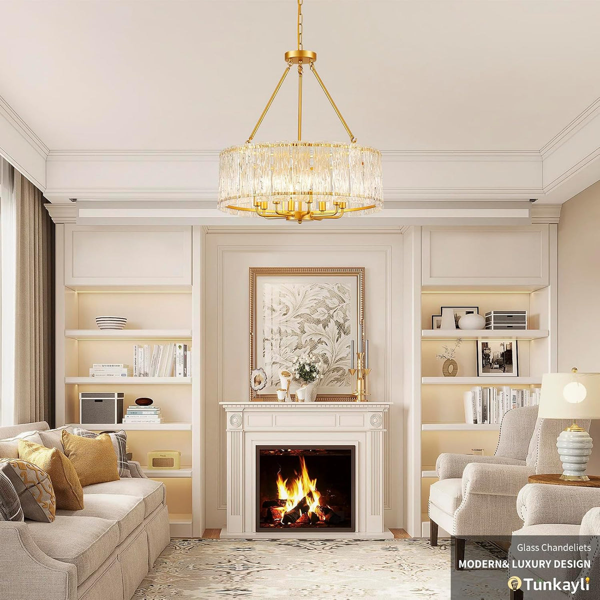 24 Inch Modern Luxury Gold Crystal 8-Light Drum Chandelier